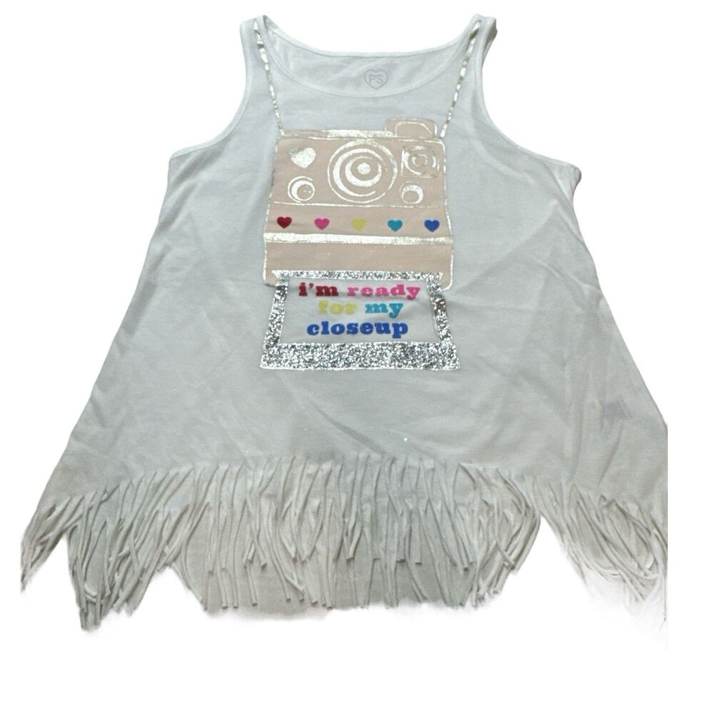 PS Aeropostale Girls 14 White Retro Camera  Glitter Fringed Tank